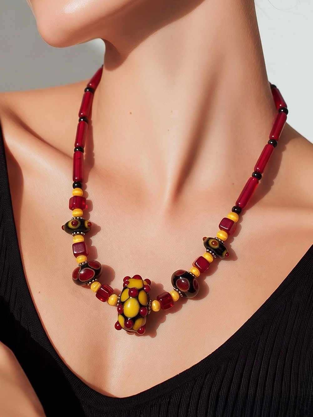 Artisan Grace Ma Handmade Lampwork Glass Bead Necklace Red Yellow Black 8.75”